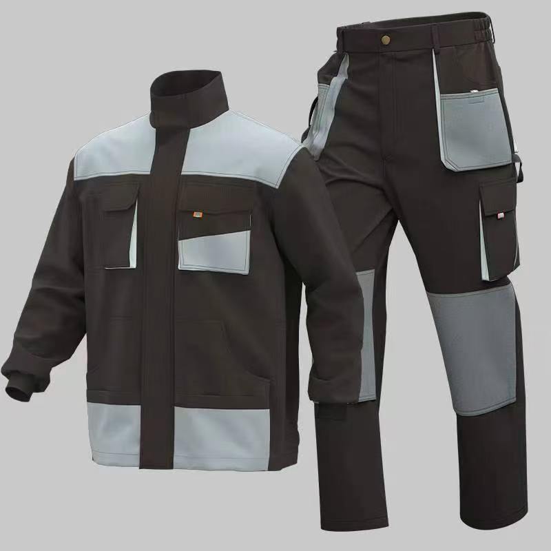 Reinforced two-piece workwear in cotton-feel brushed Oxford fabric with multiple pockets.