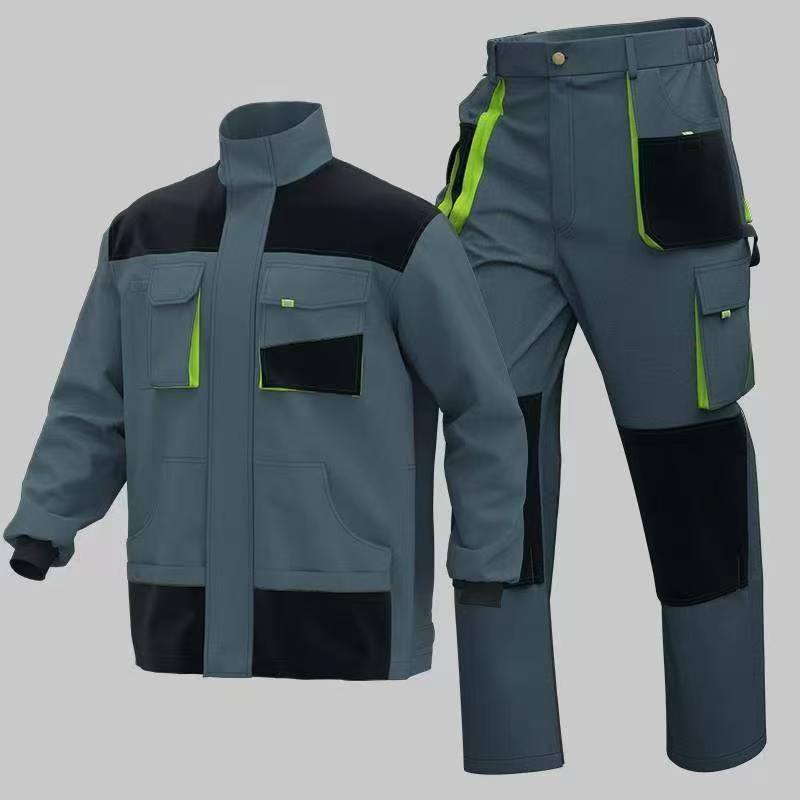 Reinforced two-piece workwear in cotton-feel brushed Oxford fabric with multiple pockets.