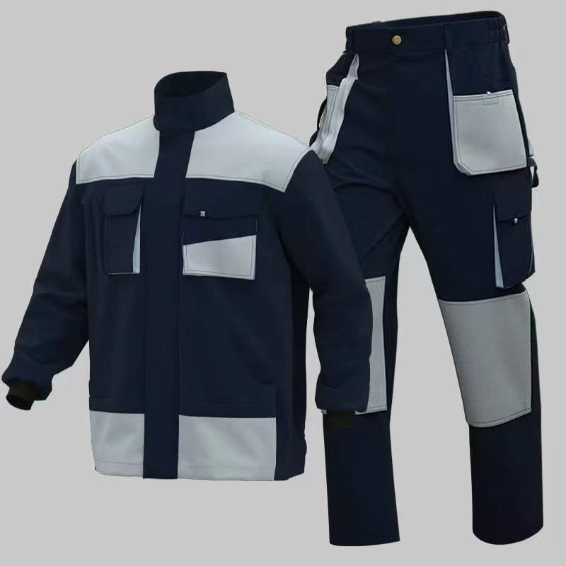 Reinforced two-piece workwear in cotton-feel brushed Oxford fabric with multiple pockets.